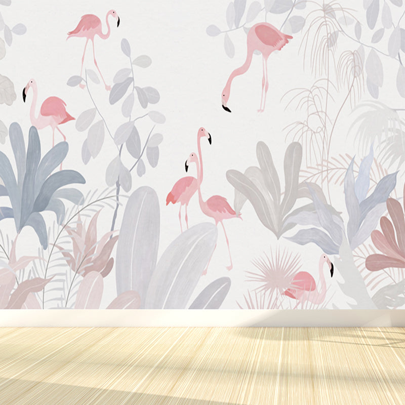 Illustration Style Flamingos Mural Decal for Guest Room, Pink, Custom Size Available