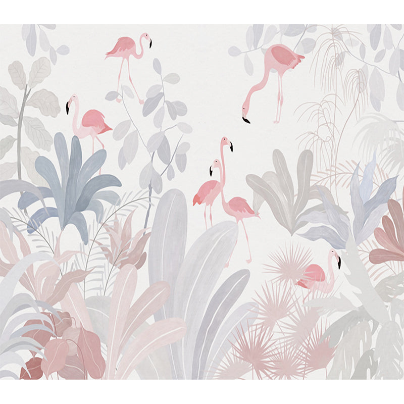 Illustration Style Flamingos Mural Decal for Guest Room, Pink, Custom Size Available