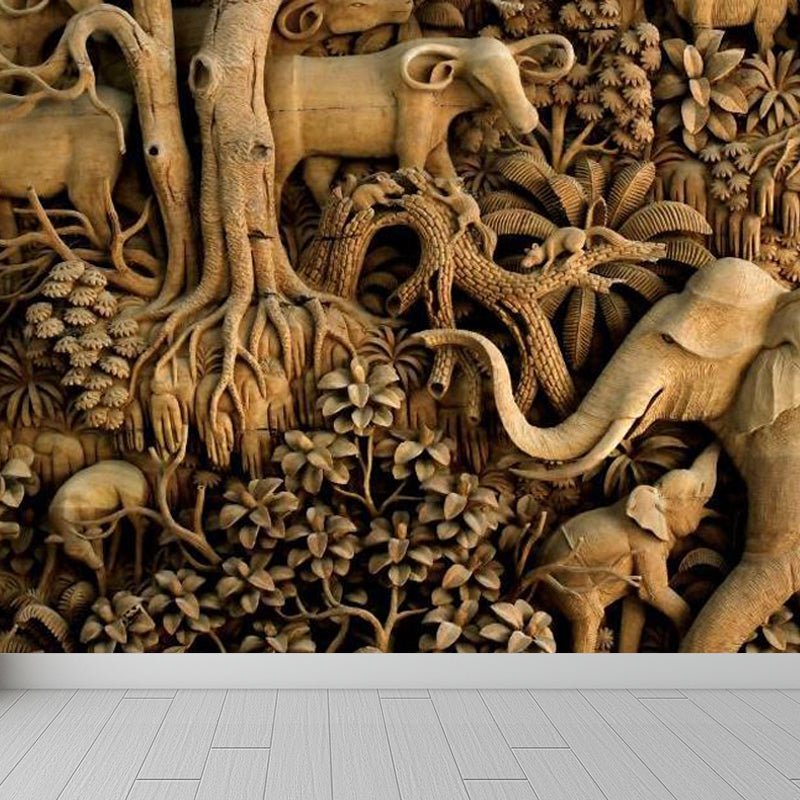 Yellow Elephant and Botanical Mural for Decoration Tropical Living Room Wall Art