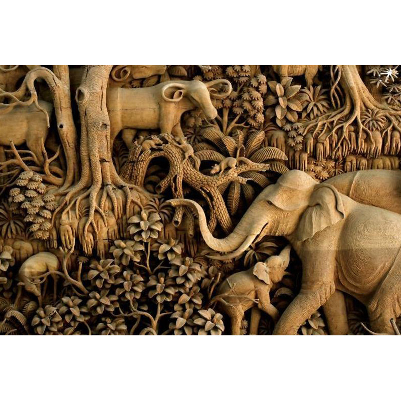 Yellow Elephant and Botanical Mural for Decoration Tropical Living Room Wall Art