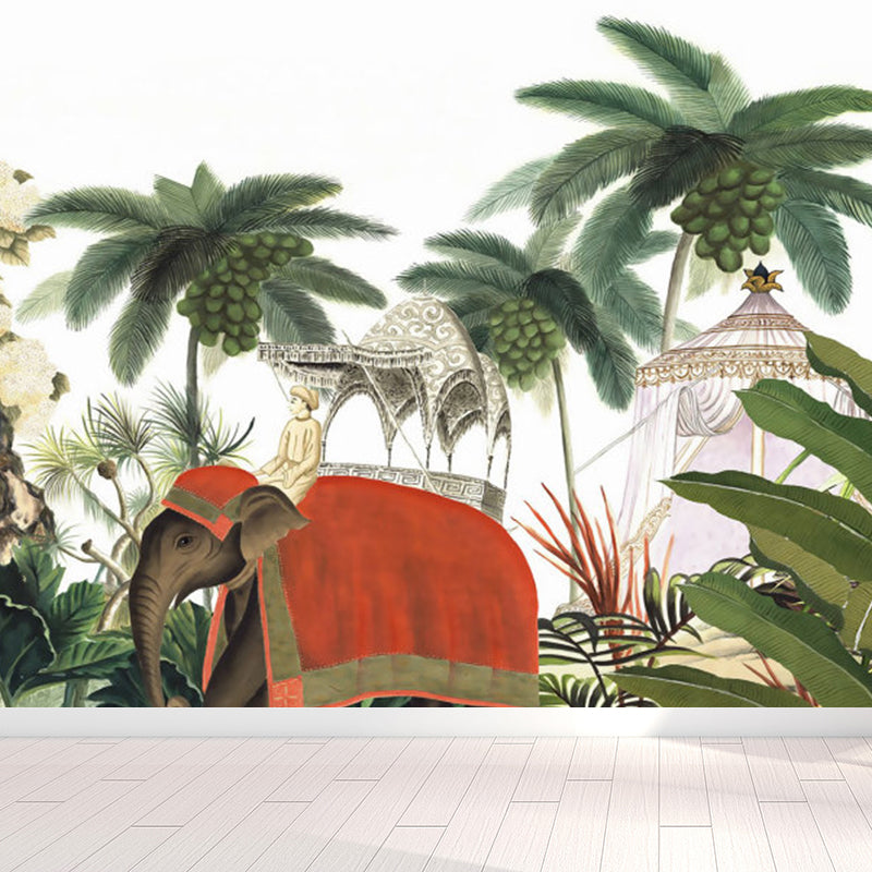 Big Elephant and Trees Mural Wallpaper Ornamental Tropical Dining Room Wall Decor