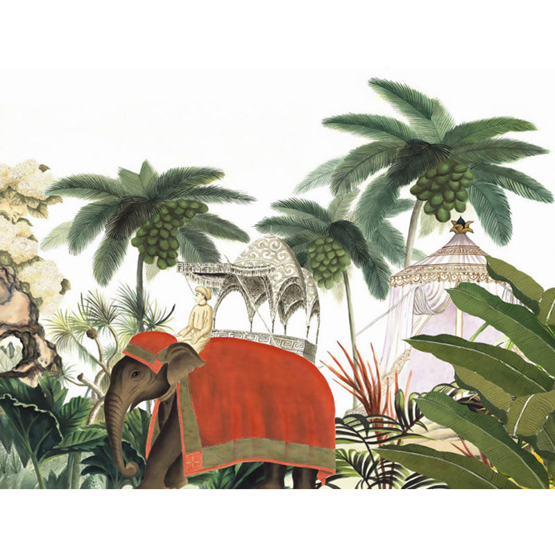 Big Elephant and Trees Mural Wallpaper Ornamental Tropical Dining Room Wall Decor