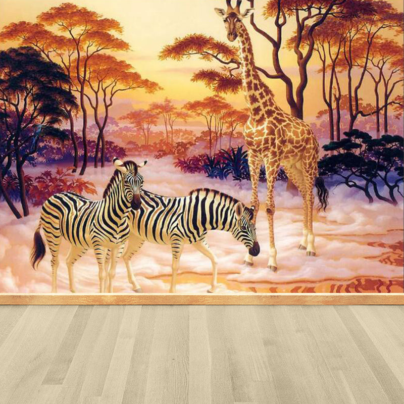 Full Size Illustration Tropical Mural with Zebra and Giraffe in Yellow, Made to Measure