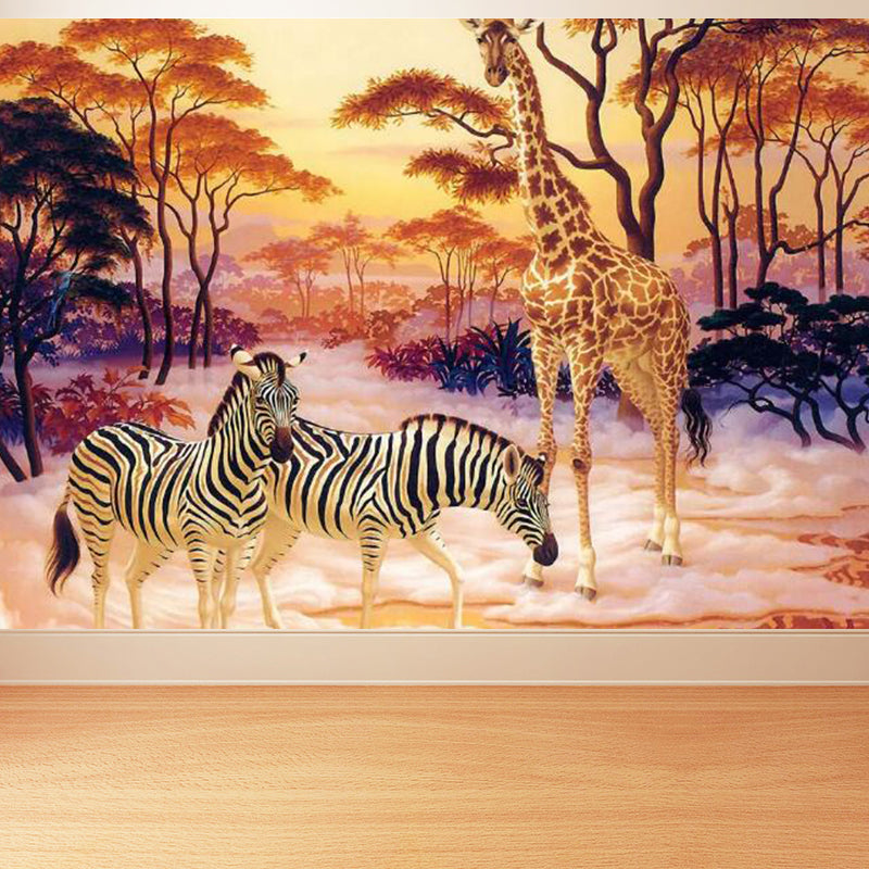 Full Size Illustration Tropical Mural with Zebra and Giraffe in Yellow, Made to Measure