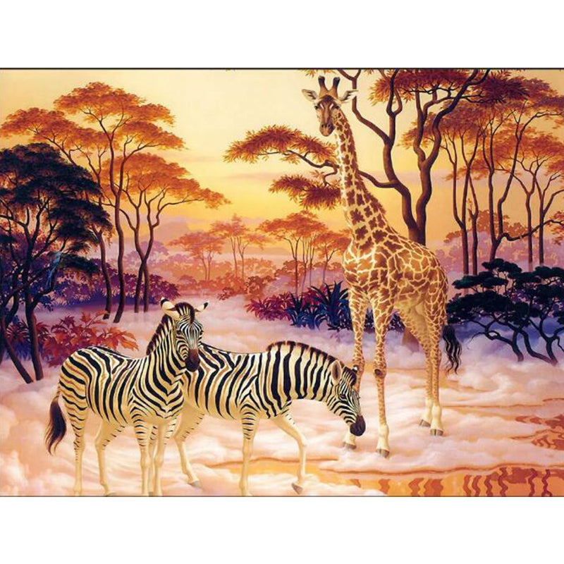 Full Size Illustration Tropical Mural with Zebra and Giraffe in Yellow, Made to Measure