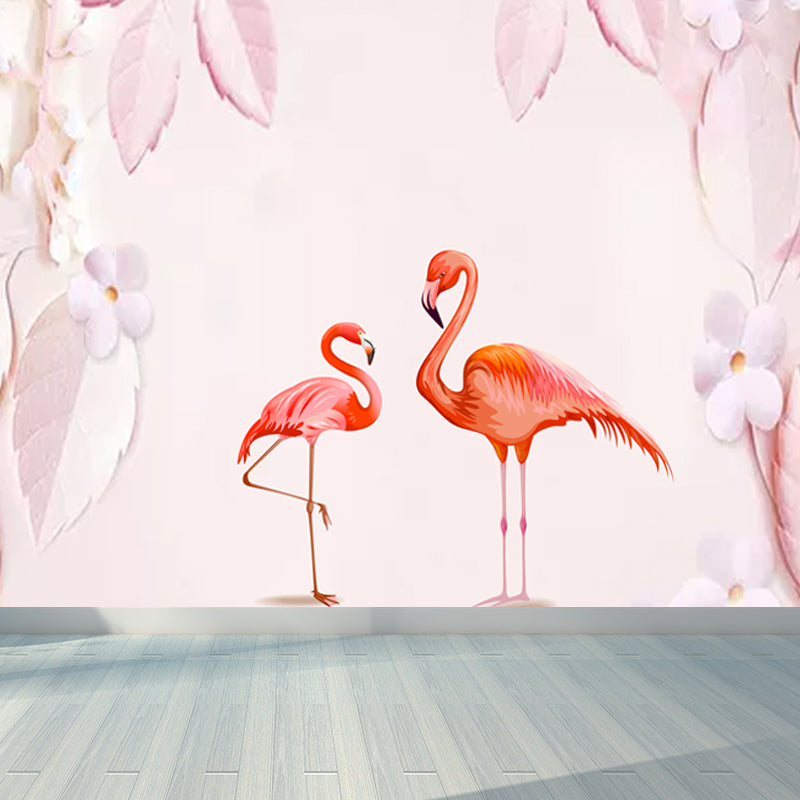 Pastel Color Flamingos Wall Mural Moisture-Proofing Tropical Bathroom Wall Covering