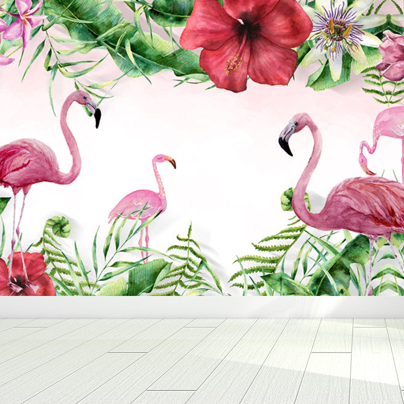 Pastel Color Flamingos Wall Mural Moisture-Proofing Tropical Bathroom Wall Covering