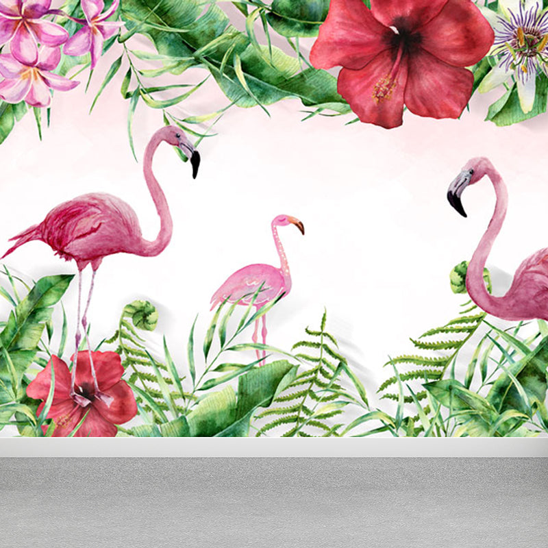 Pastel Color Flamingos Wall Mural Moisture-Proofing Tropical Bathroom Wall Covering