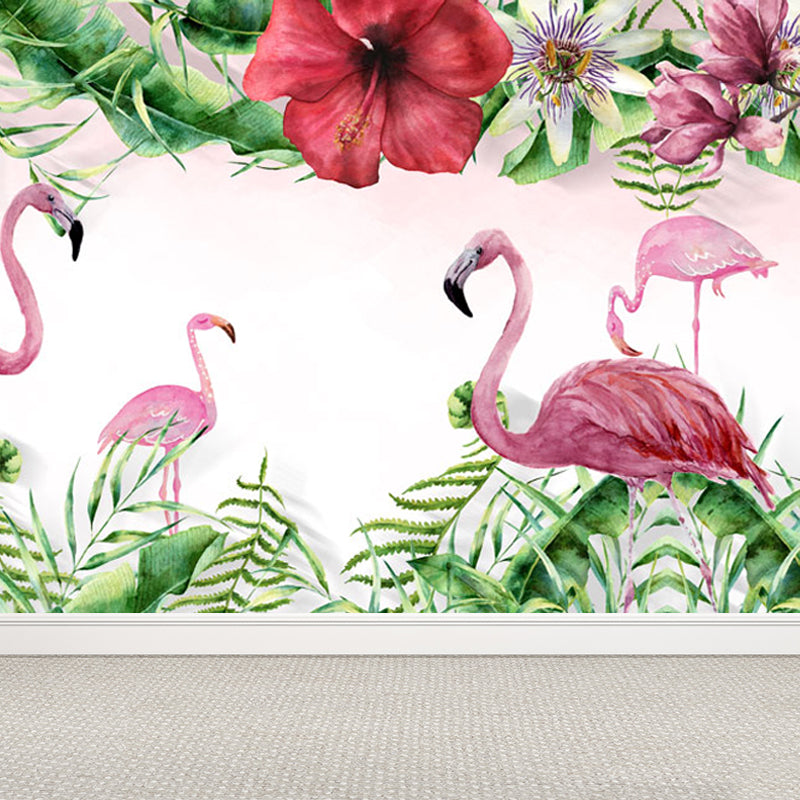 Pastel Color Flamingos Wall Mural Moisture-Proofing Tropical Bathroom Wall Covering