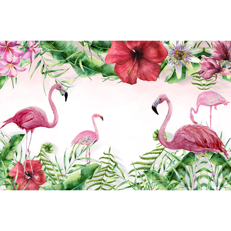 Pastel Color Flamingos Wall Mural Moisture-Proofing Tropical Bathroom Wall Covering