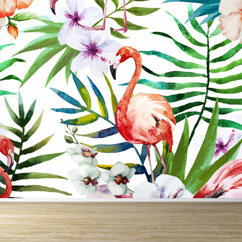 Pastel Color Flamingos Wall Mural Moisture-Proofing Tropical Bathroom Wall Covering