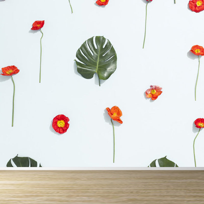 Pastel Color Tropical Wall Mural Great Leaves Pattern Wall Covering for Guest Room