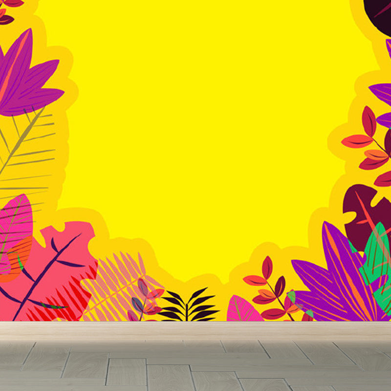 Pastel Color Tropical Wall Mural Great Leaves Pattern Wall Covering for Guest Room