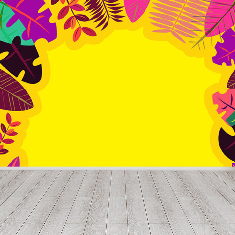 Pastel Color Tropical Wall Mural Great Leaves Pattern Wall Covering for Guest Room