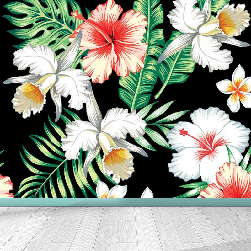 Tropical Flower Print Wall Mural Non-Woven Waterproof Soft Color Wall Art for Bathroom