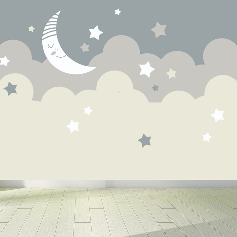 Beige Cartoon Wallpaper Mural Large Crescent and Starry Sky Wall Covering for Room