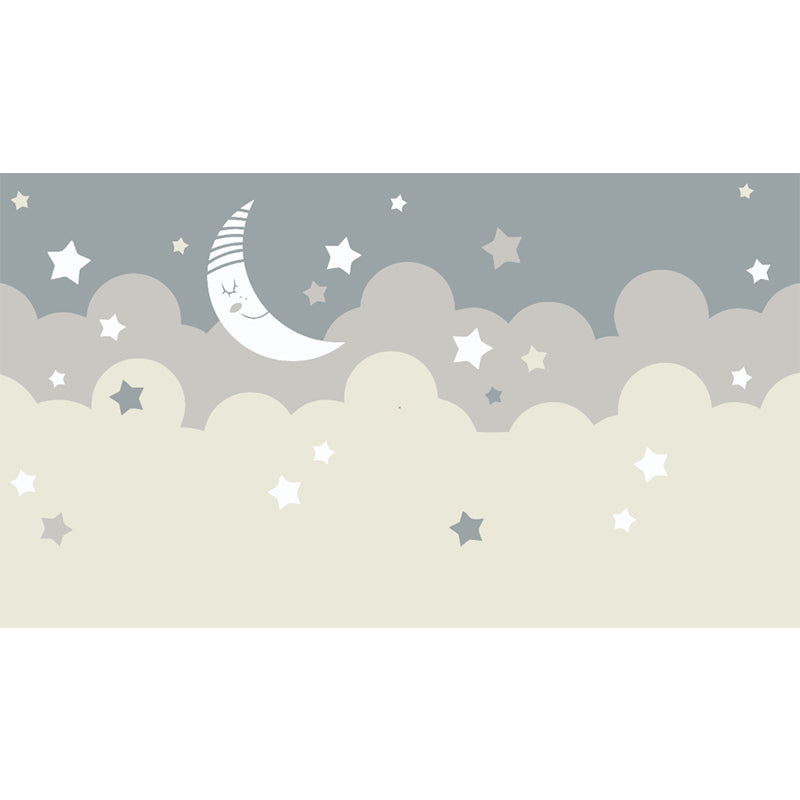 Beige Cartoon Wallpaper Mural Large Crescent and Starry Sky Wall Covering for Room