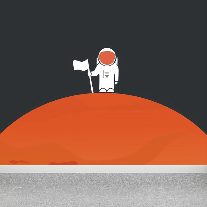 Astronaut Planet Landing Wall Mural Black and Orange Kids Style Wall Art for Bedroom