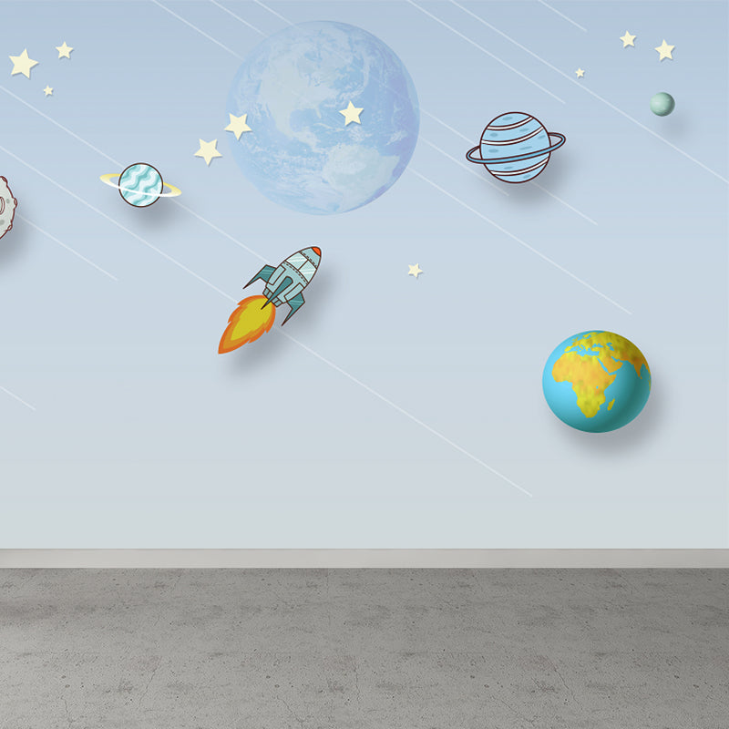 Light Blue Planets Mural Wallpaper Moisture Resistant Wall Art for House Interior