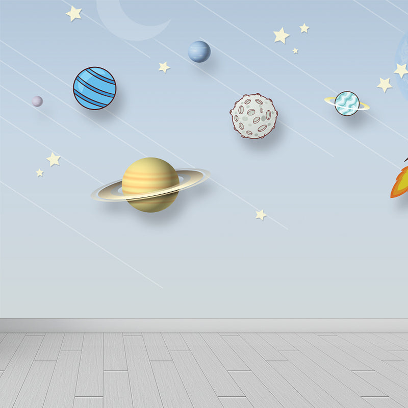 Light Blue Planets Mural Wallpaper Moisture Resistant Wall Art for House Interior