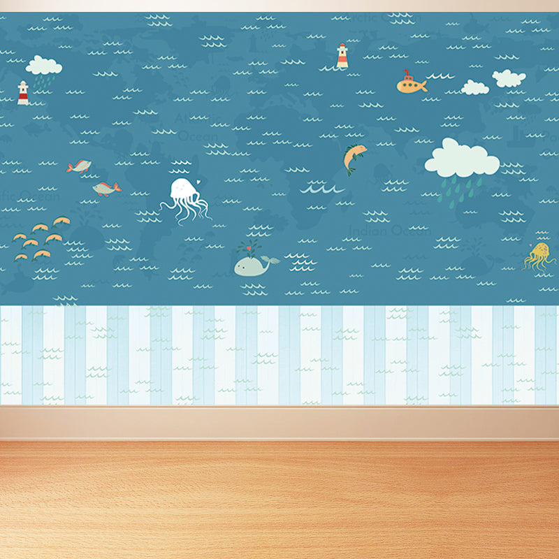 Large Nautical Mural Cartoon Imaginative Sea Life in the Sky Wall Covering in Soft Color