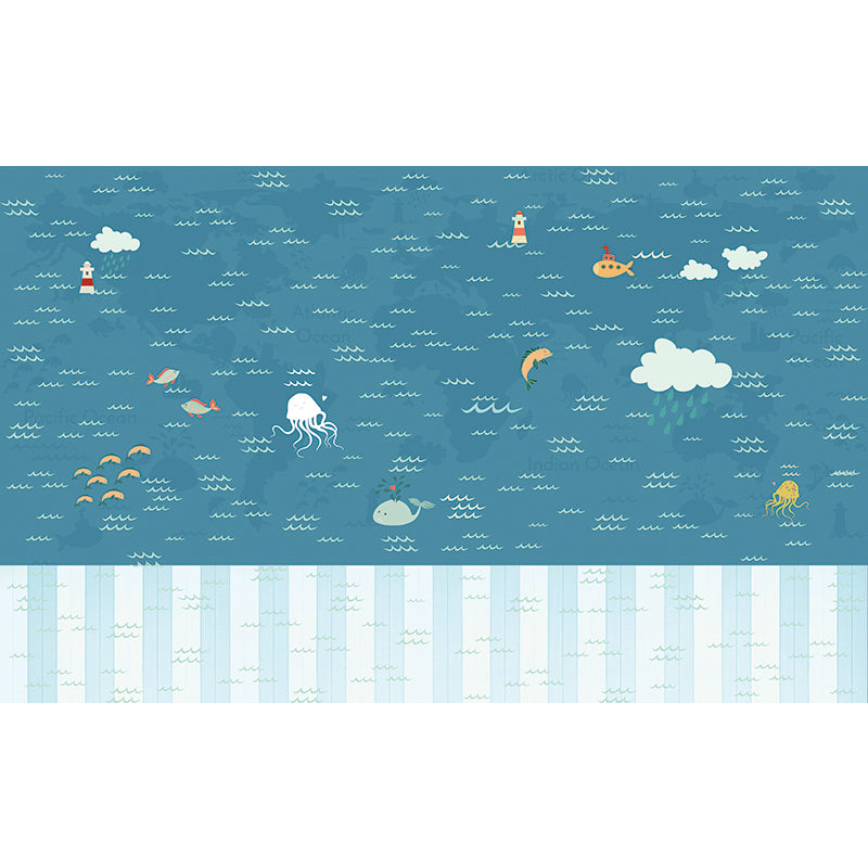 Large Nautical Mural Cartoon Imaginative Sea Life in the Sky Wall Covering in Soft Color