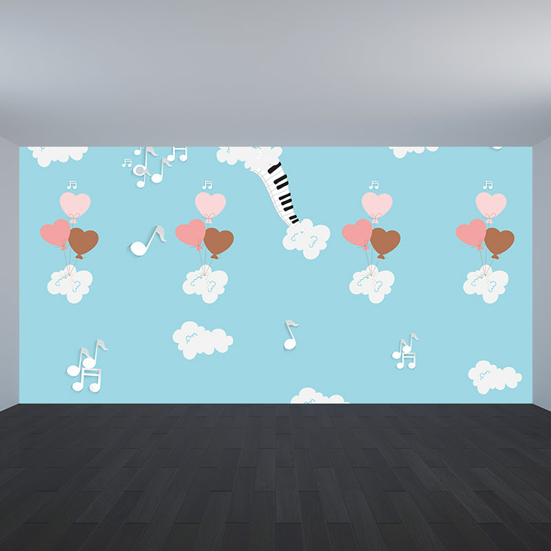 Musical Mural Wallpaper Cartoon Non-Woven Material Wall Decor in Blue for Nursery
