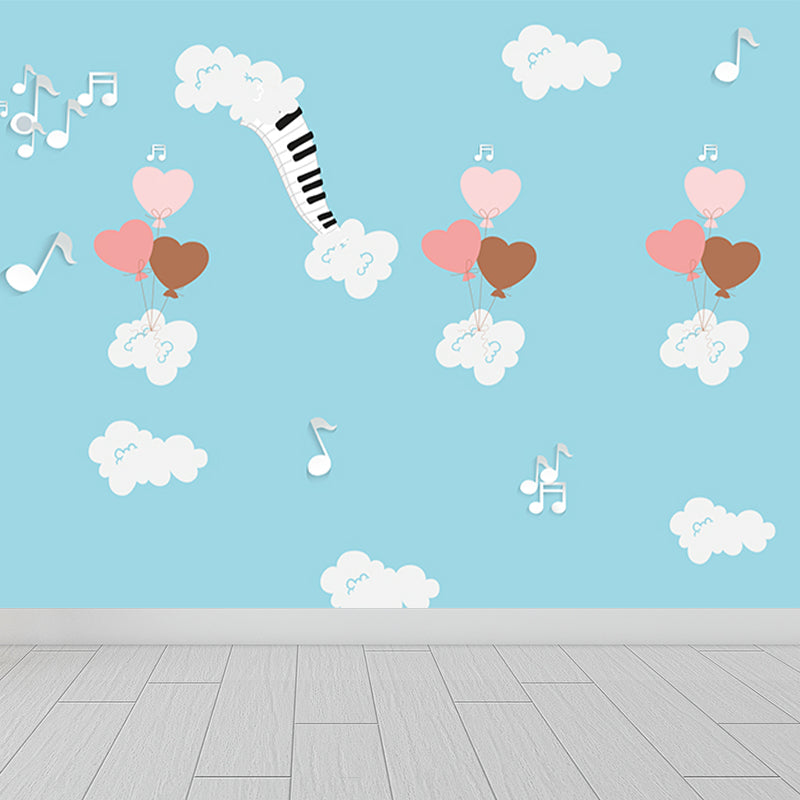 Musical Mural Wallpaper Cartoon Non-Woven Material Wall Decor in Blue for Nursery