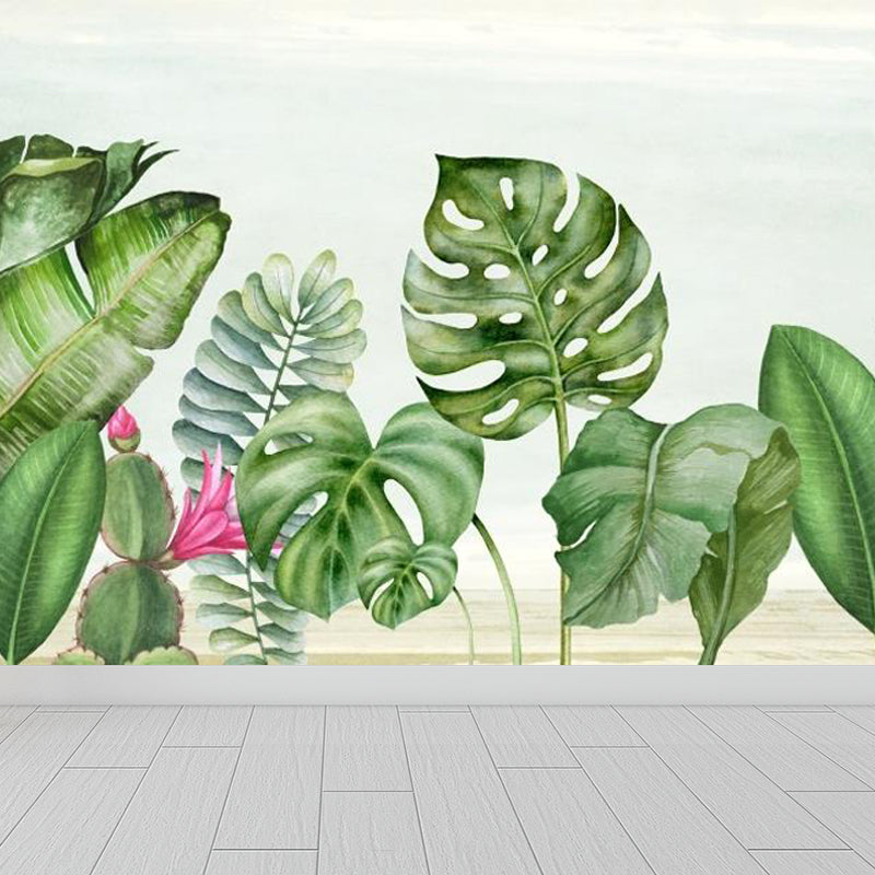 Tropical Botanical Wall Mural Non-Woven Stain-Proof Pastel Color Wall Art for Bedroom