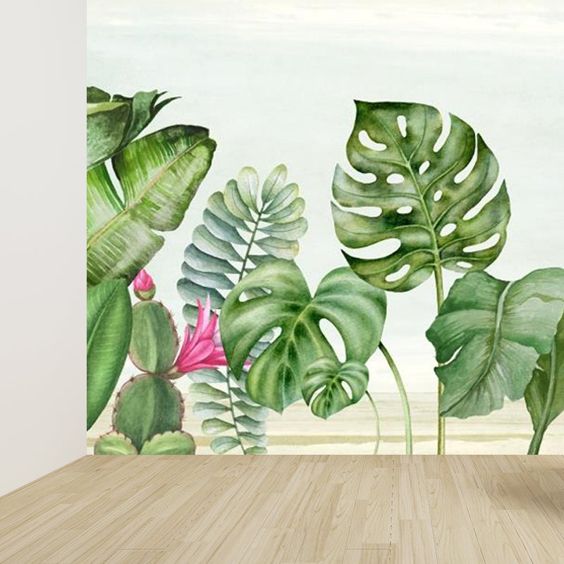 Tropical Botanical Wall Mural Non-Woven Stain-Proof Pastel Color Wall Art for Bedroom