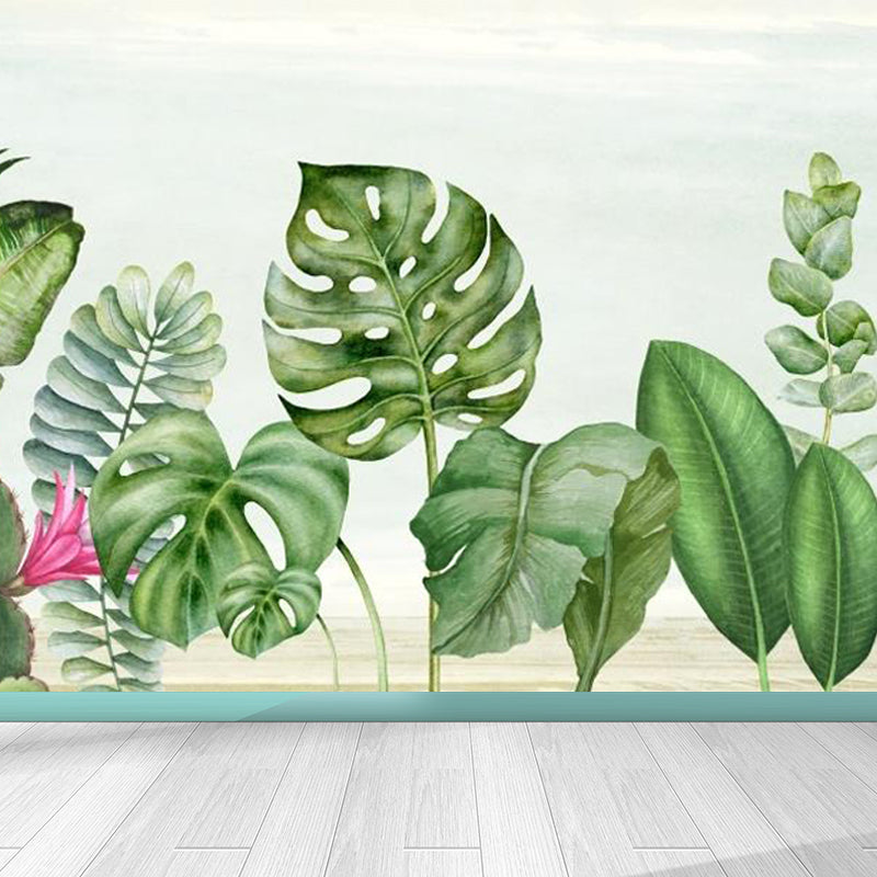 Tropical Botanical Wall Mural Non-Woven Stain-Proof Pastel Color Wall Art for Bedroom