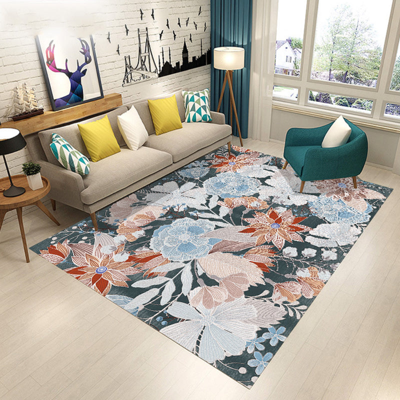 Contemporary Modern Rug in Green and Yellow Botanical Floral Leaf Pattern Rug Polyester Washable Carpet for Home Decor