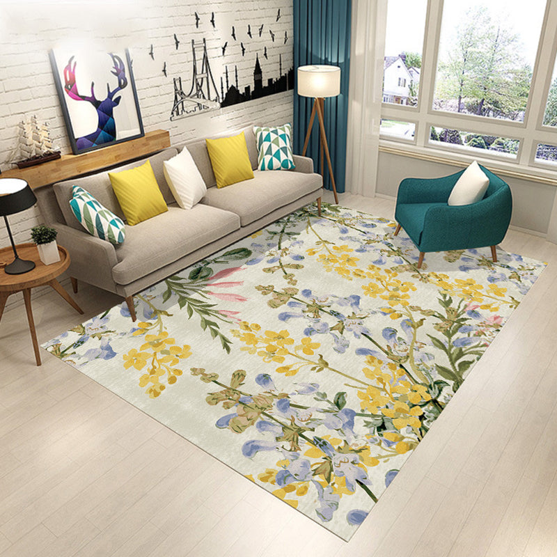 Contemporary Modern Rug in Green and Yellow Botanical Floral Leaf Pattern Rug Polyester Washable Carpet for Home Decor