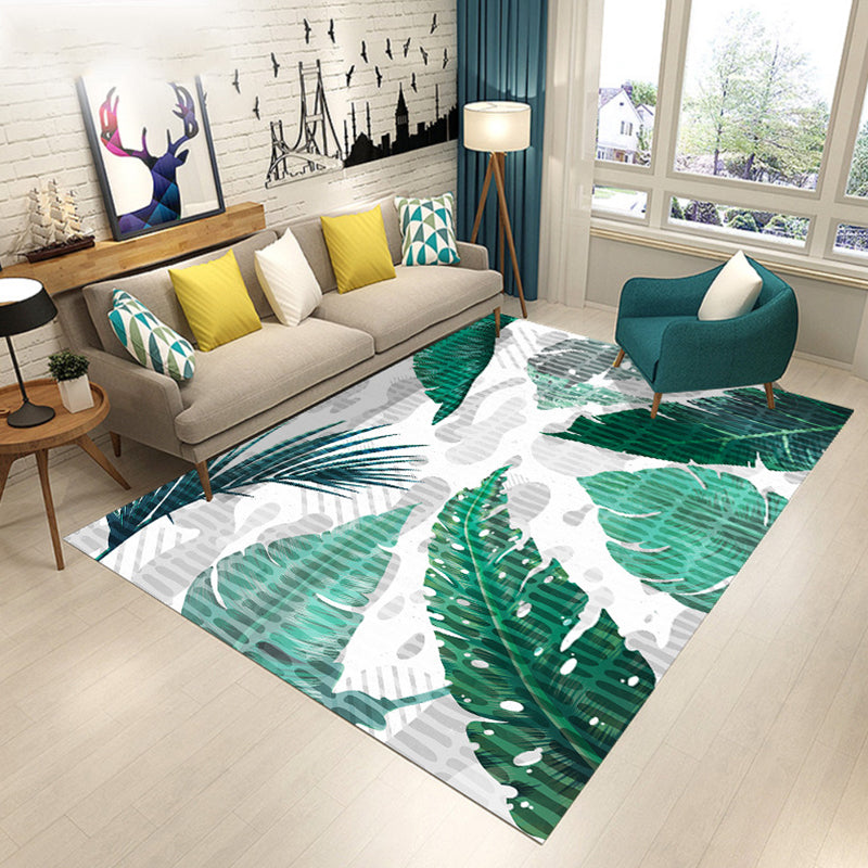 Contemporary Modern Rug in Green and Yellow Botanical Floral Leaf Pattern Rug Polyester Washable Carpet for Home Decor
