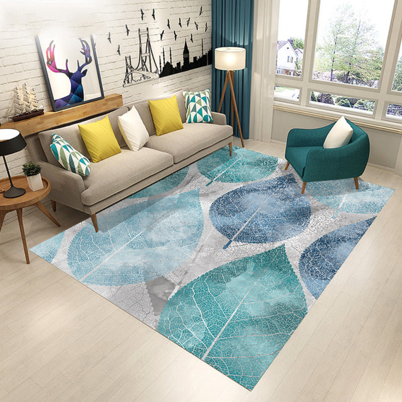 Contemporary Modern Rug in Green and Yellow Botanical Floral Leaf Pattern Rug Polyester Washable Carpet for Home Decor