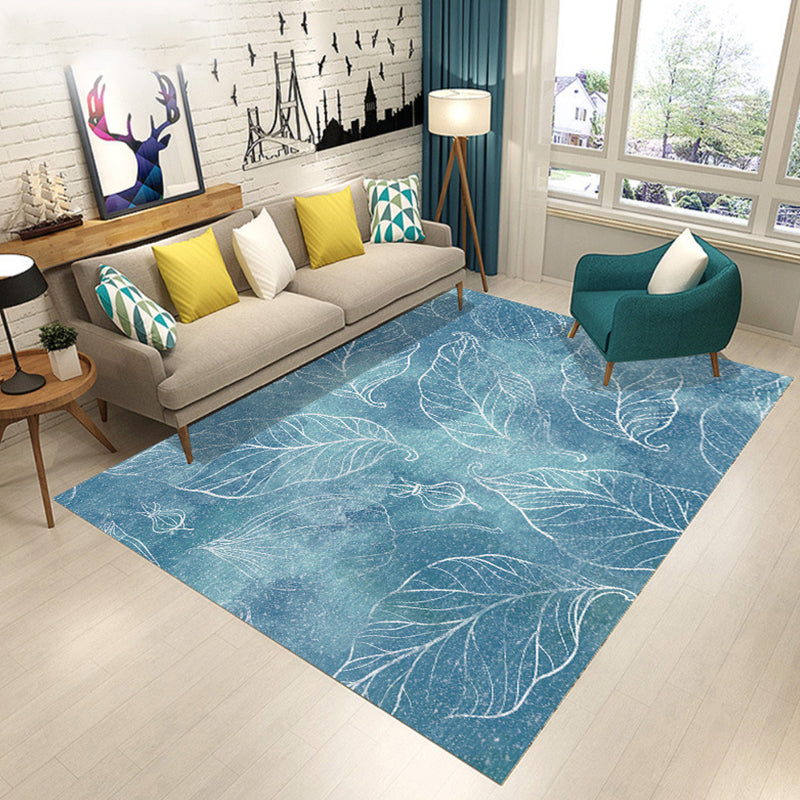 Blue and Brown Bedroom Rug Modern Botanical Flower Leaf Pattern Area Rug Polyester Pet Friendly Carpet