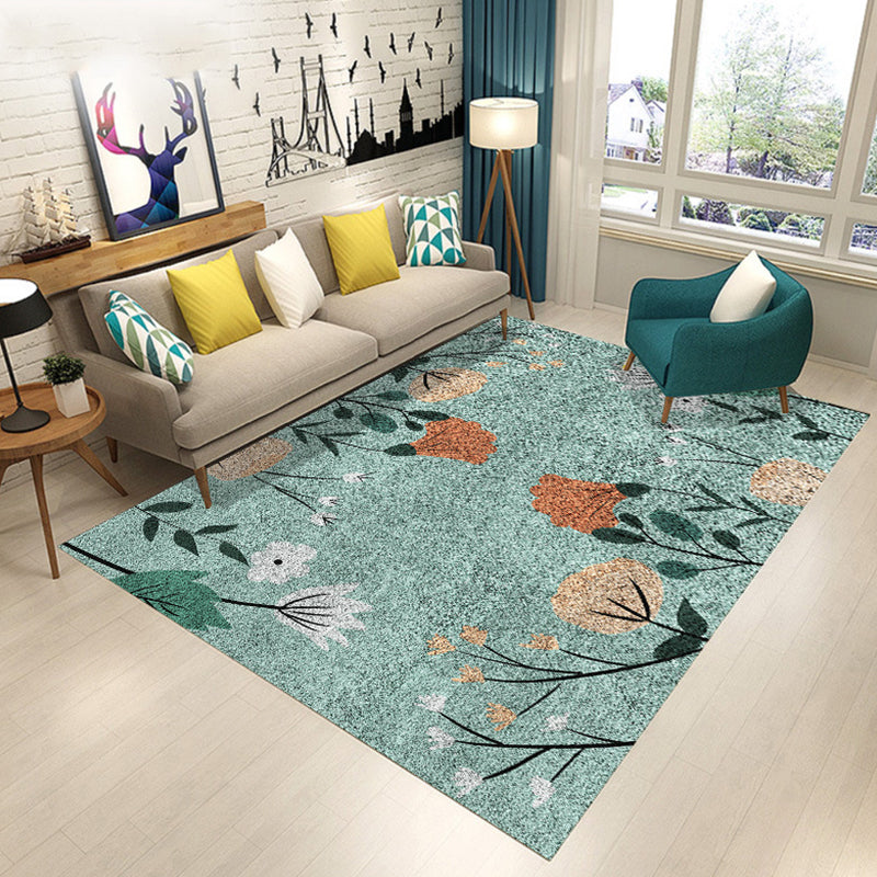 Blue and Brown Bedroom Rug Modern Botanical Flower Leaf Pattern Area Rug Polyester Pet Friendly Carpet