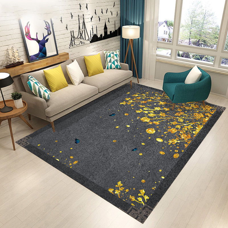 Blue and Brown Bedroom Rug Modern Botanical Flower Leaf Pattern Area Rug Polyester Pet Friendly Carpet