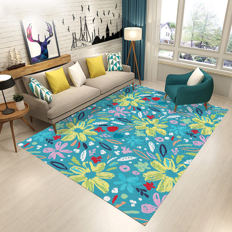 Scandinavian Modern Rug in Black and Blue Botanical Leaf Floral Pattern Rug Polyester Pet Friendly Carpet for Home Decor