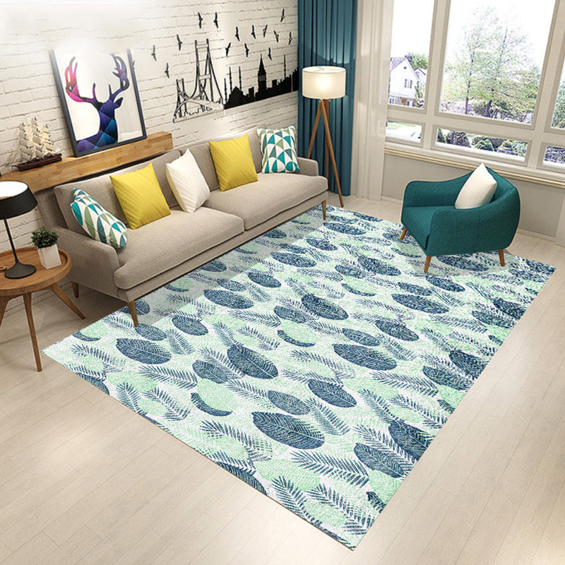 Scandinavian Modern Rug in Black and Blue Botanical Leaf Floral Pattern Rug Polyester Pet Friendly Carpet for Home Decor