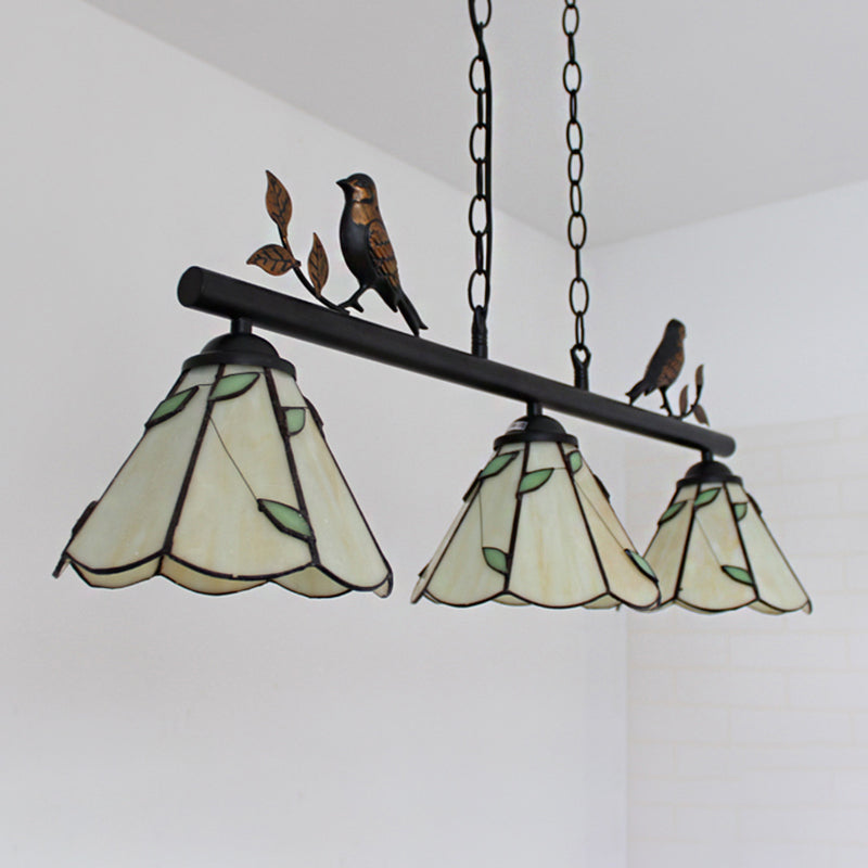 Cone Stainless Glass Island Lighting Tiffany Stylish 3 Lights Beige Island Chandelier Light with Bird Accent