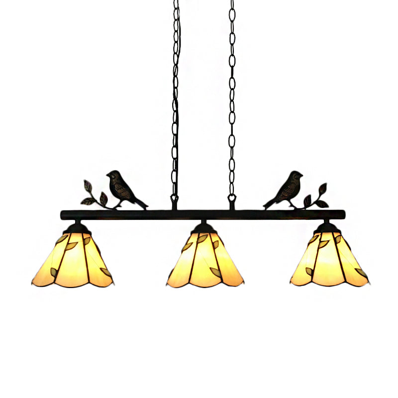 Cone Stainless Glass Island Lighting Tiffany Stylish 3 Lights Beige Island Chandelier Light with Bird Accent