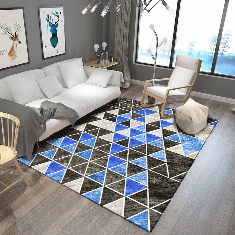 Modern Living Room Rug in Grey and Blue Geometric Triangle Hexagon Print Rug Polyester Anti-Slip Area Rug