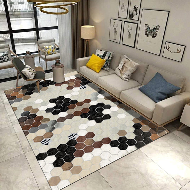 Modern Living Room Rug in Grey and Blue Geometric Triangle Hexagon Print Rug Polyester Anti-Slip Area Rug