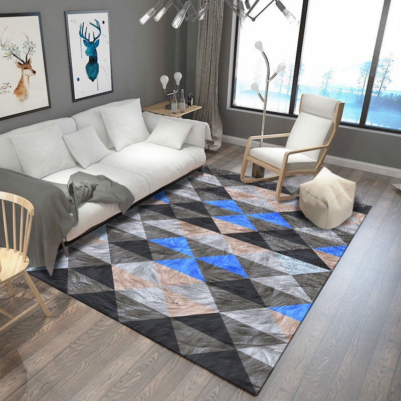 Modern Living Room Rug in Grey and Blue Geometric Triangle Hexagon Print Rug Polyester Anti-Slip Area Rug