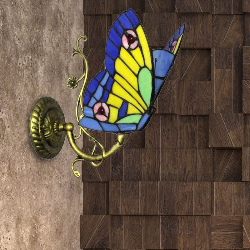 1 Light Mini Wall Sconce with Butterfly Rustic Loft Style Stained Glass Wall Mount Light in Blue/Orange