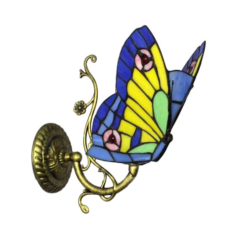 1 Light Mini Wall Sconce with Butterfly Rustic Loft Style Stained Glass Wall Mount Light in Blue/Orange