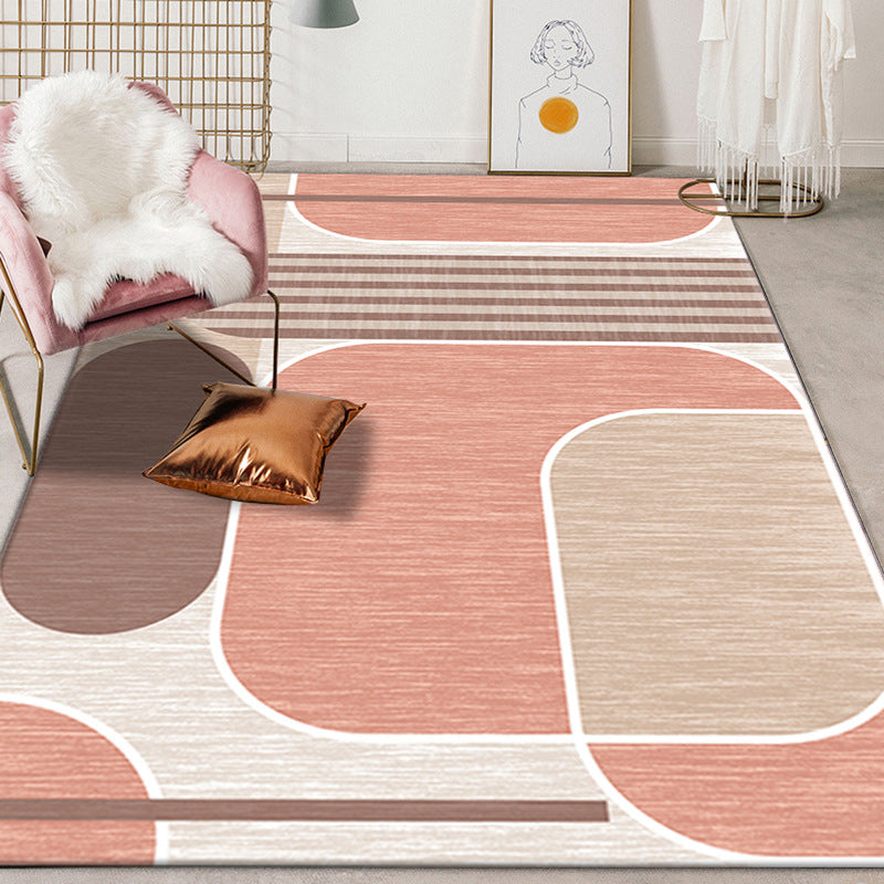 Pink and Brown Bedroom Rug Modern Colorblock Geometric Pattern Area Rug Polyester Stain-Resistant Carpet