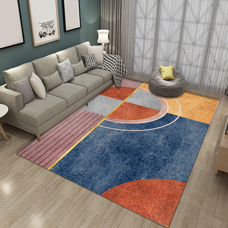 Modern Living Room Rug in Brown and Blue Color Block Twisted Line Print Rug Polyester Anti-Slip Backing Area Rug