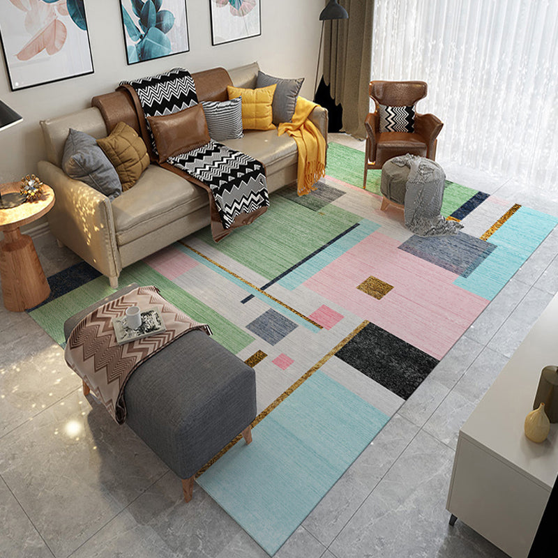 Modern Geometric Pattern Rug with Stripe Multicolor Polyester Rug Washable Non-Slip Pet Friendly Carpet for Living Room